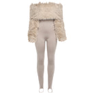 Langry fashion beige faux fur off-shoulder cropped jacket in plush jumpsuit