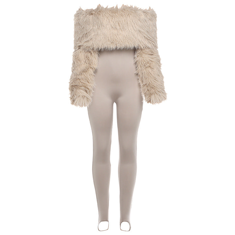 Langry fashion beige faux fur off-shoulder cropped jacket in plush jumpsuit