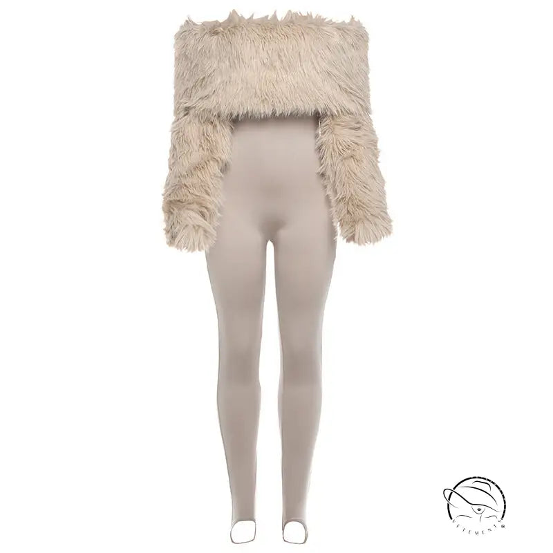 Langry fashion beige faux fur off-shoulder cropped jacket for winter plush jumpsuit