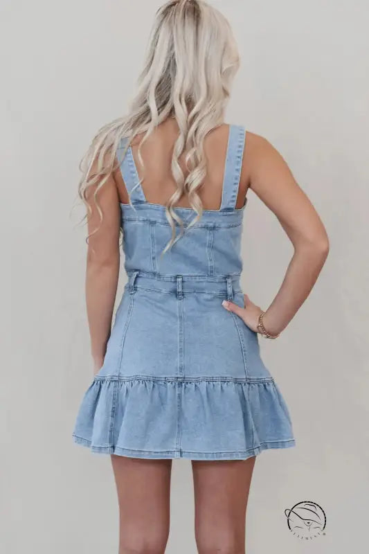 Office suspenders denim dress with light wash mini tiered ruffle hem