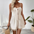 White tie-front tassel romper from Cute Knotted Jumpsuit, perfect for trendy fashion styles