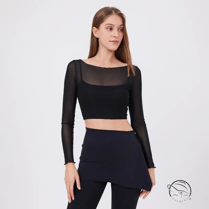 Faux two piece mesh sports long sleeve cropped top with sheer panel