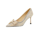 Langry fashion champagne glitter stiletto pump with bowknot rhinestone detail