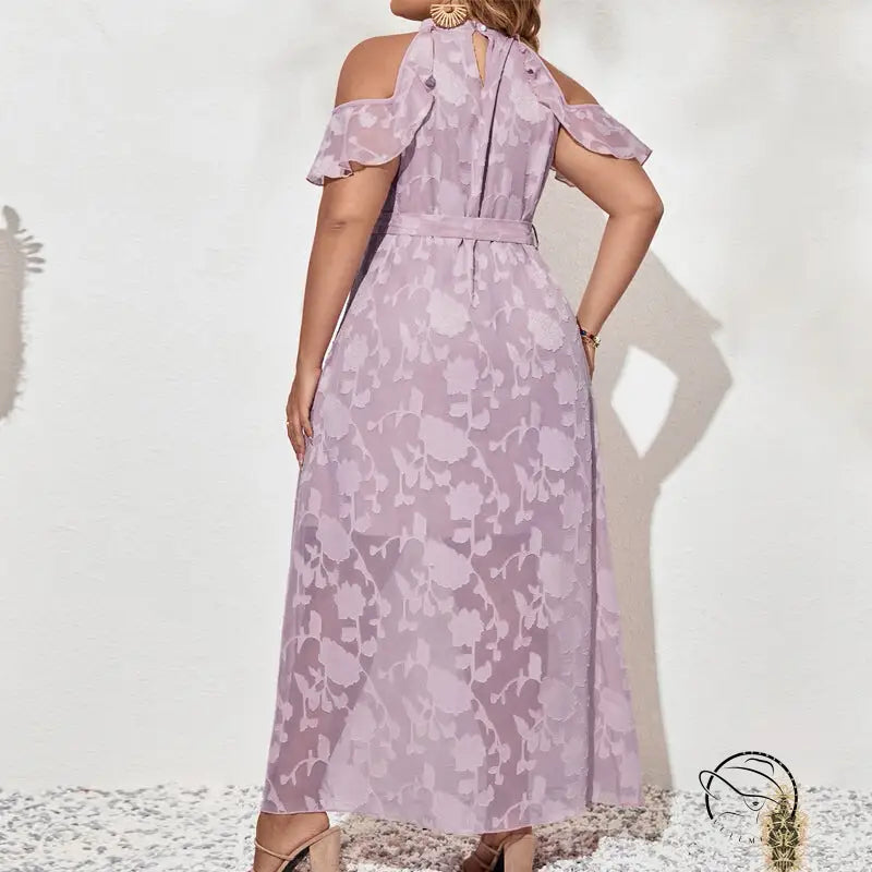 Lilac purple cold-shoulder maxi dress with floral pattern and belt