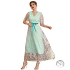 Enchanting langry fashion mint green floral midi dress with sheer sleeves and turquoise sash