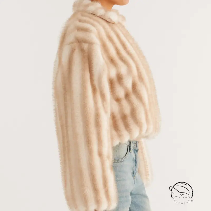 Cream faux fur oversized coat with ribbed texture and high collar in Langry fashion