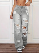 Langry fashion ripped washed high waist wide leg denim trousers with distressed holes
