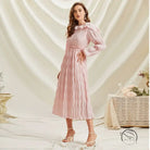 Pink pleated smocked long sleeve dress with ruffled lace collar