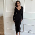 Long-sleeved black knit V-neck midi dress for attractive night out fashion