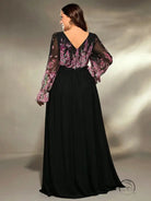 Black chiffon long sleeve ball gown evening dress with floral lace bodice