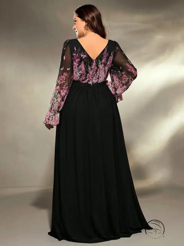 Black chiffon long sleeve ball gown evening dress with floral lace bodice