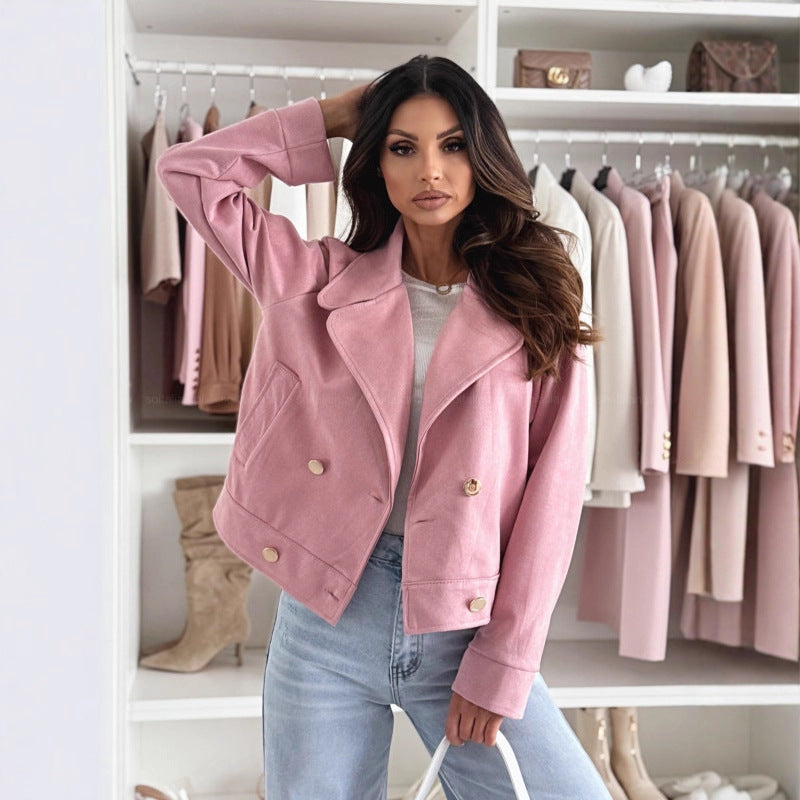 Langry pink suede slim collared coat with double-breasted buttons and zipper