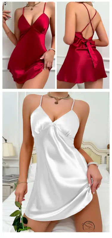 Red or white satin langry slip dress with thin straps and back tie