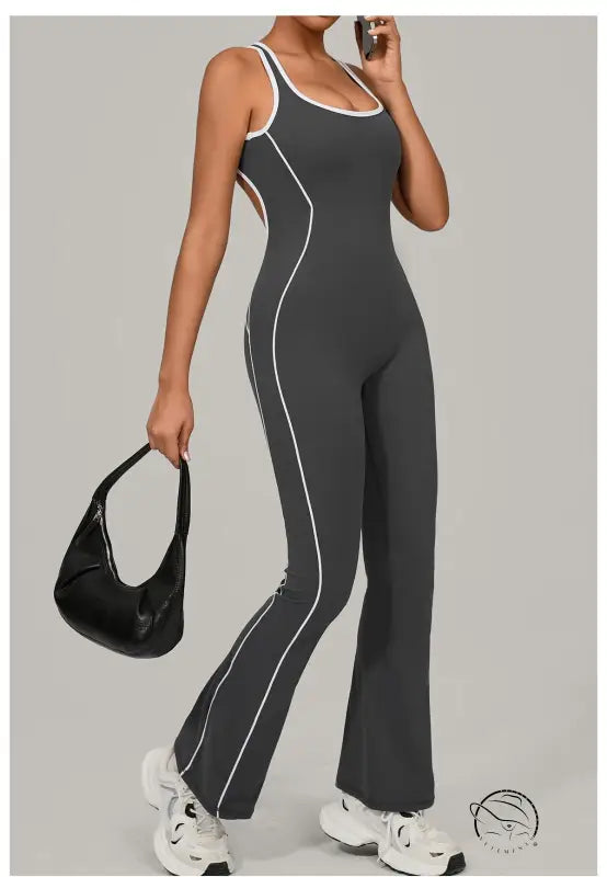 Lululemon Beauty Back Yoga Jumpsuit in charcoal gray with white piping, langry fashion ملابس