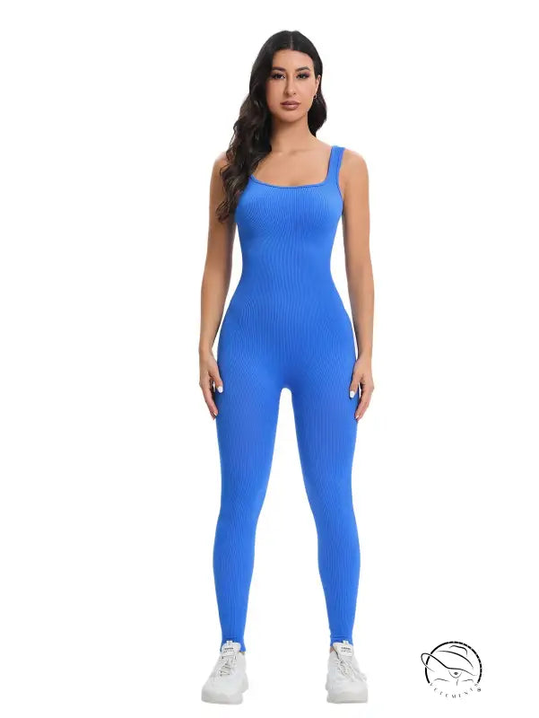 Vibrant royal blue ribbed knit langry fashion jumpsuit in peach slim fit