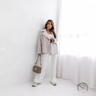 Langry fashion woman’s light pink collared woolen brushed zipper coat with brown purse