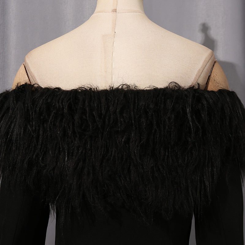 Langry elegant black feathered fashion dress with fringe bodice