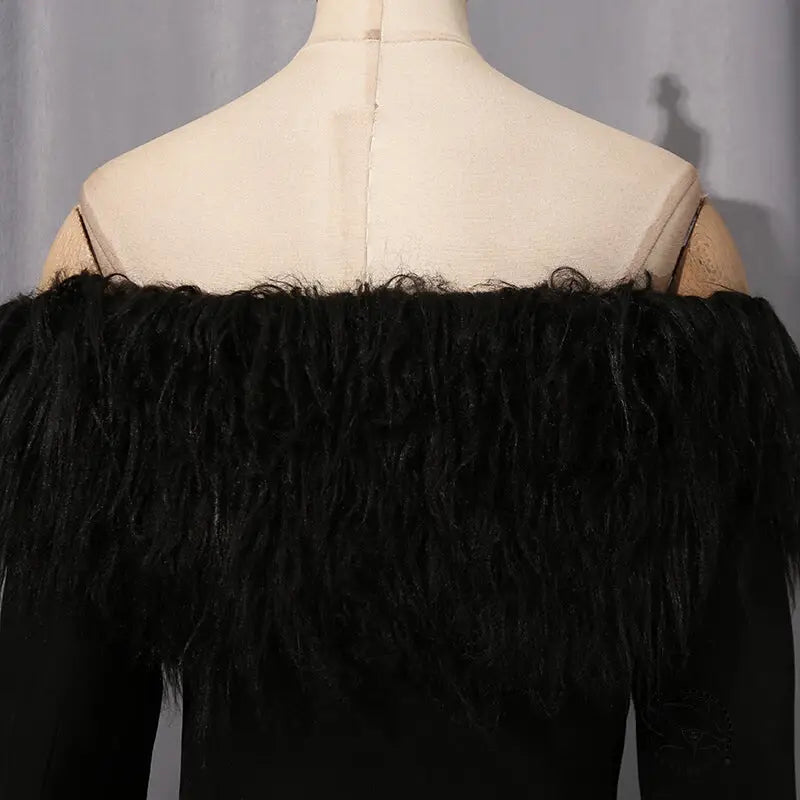 Elegant langry fashion black feathered off-shoulder dress with fringe