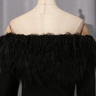 Elegant langry fashion black feathered off-shoulder dress with fringe