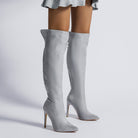 Gray thigh-high stiletto boots showcasing elegant fashion for stylish ملابس