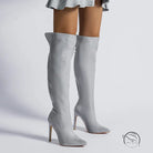Gray thigh-high stiletto boots in langry fashion over-the-knee style