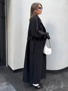 Langry fashion black trench coat with belted waist and wide sleeves