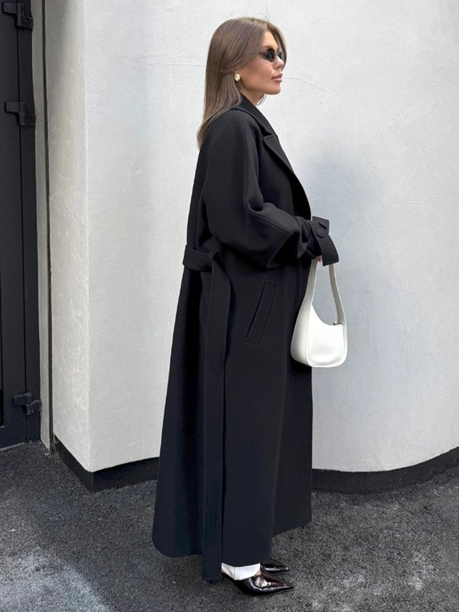Langry fashion black trench coat with belted waist and wide sleeves