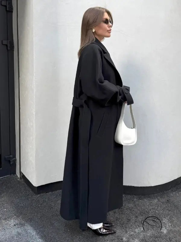 Langry fashion black trench coat with belted waist and wide sleeves