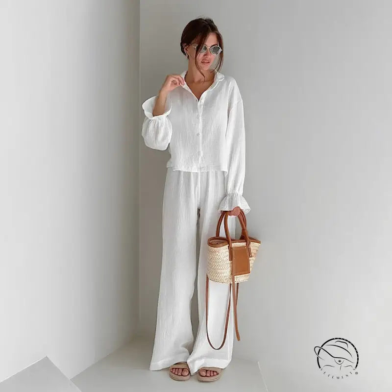 White pure cotton textured long-sleeve top and wide-leg pants set