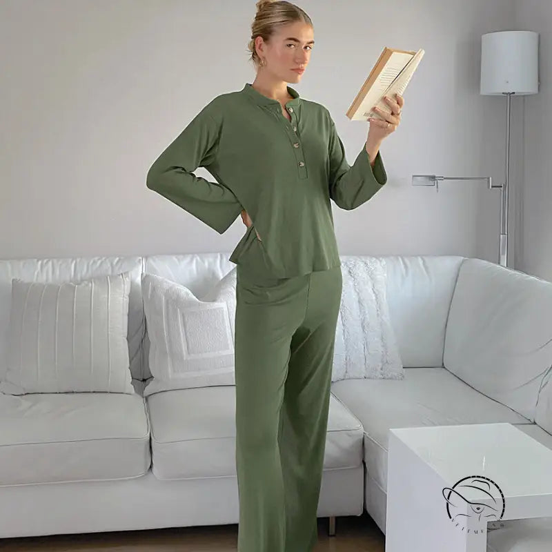 Woman in knitted stripe comfortable olive green home wear set