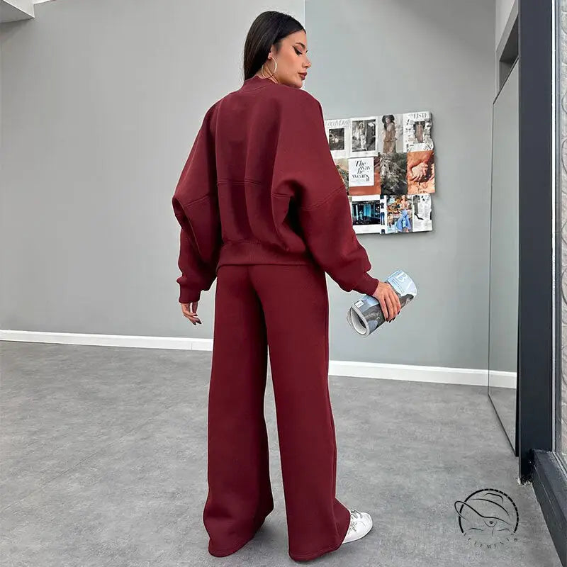 Winter Fur Zipper Cardigan Casual Straight Pants Two Piece Sets