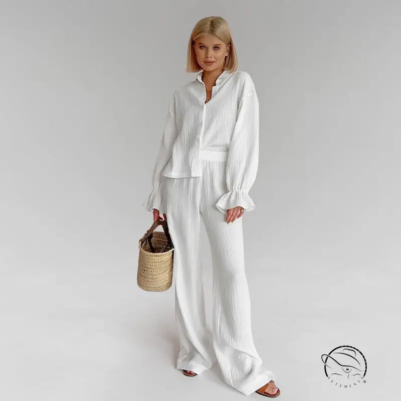 White pure cotton long-sleeve button-up shirt and wide-leg pants set