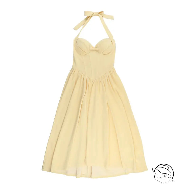 Elegant yellow halter neck langry fashion maxi dress with back bow detail