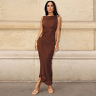 Elegant langry brown one-shoulder maxi dress with gold hardware