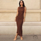 Elegant slim sheath langry fashion dress in brown draped one-shoulder maxi with gold hardware