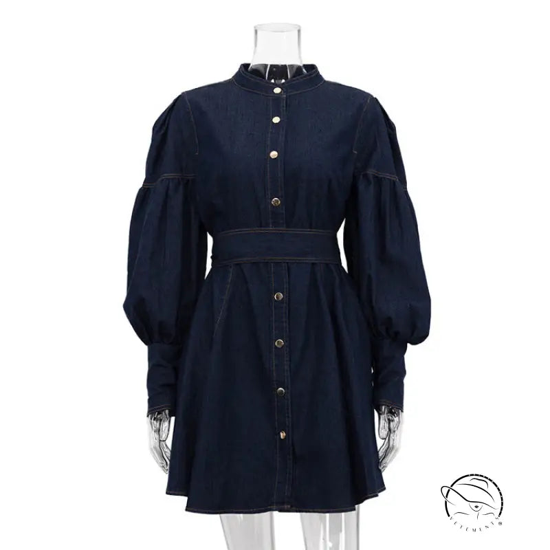 Dark blue denim shirt fashionable dress with puff sleeves and gold buttons