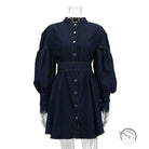 Dark blue denim shirt fashionable dress with puff sleeves and gold buttons