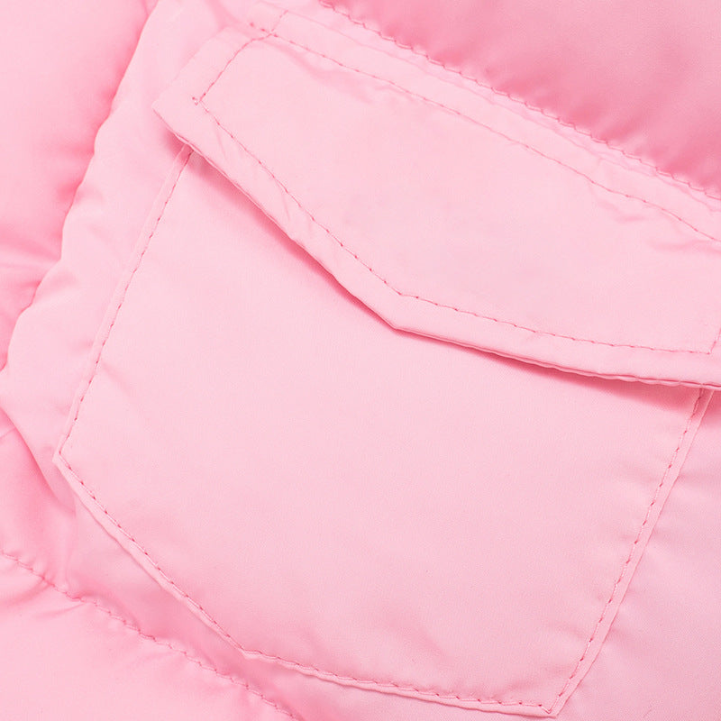 Pink quilted jacket pocket with white stitching in Langry fashion coat vest