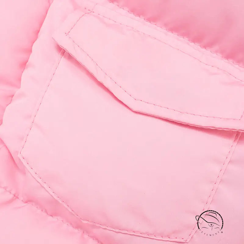 Pink quilted jacket pocket with white stitching and scalloped edge in Langry fashion coat vest