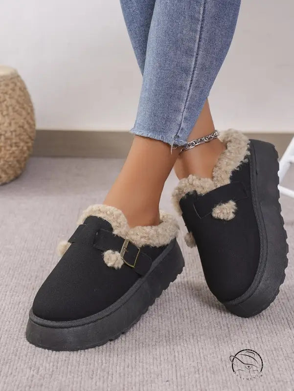 Black platform clogs with faux fur trim in Langry fashion slippers