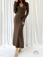 Beautiful knitted brown textured long-sleeved dress