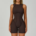 Langry fashion brown sleeveless yoga jumpsuit with cutout high neckline