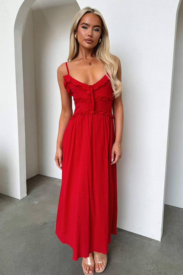 Red spaghetti-strap maxi dress with button details ideal for elegant fashion ملابس