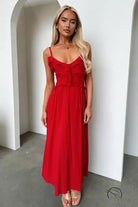 Elegant loose dress: red spaghetti-strap maxi with button bodice details