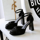 Langry fashion black leather high-heeled sandals with ankle strap and bow detail