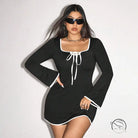 Elegant sweet spicy black mini dress with white trim