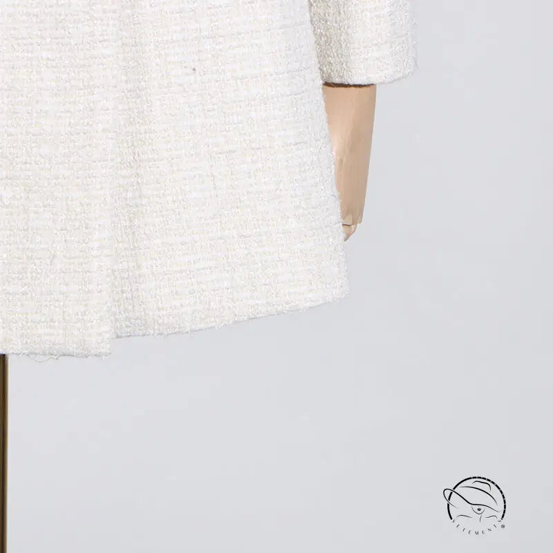 White tweed off-shoulder langry fashion dress with waist pocket