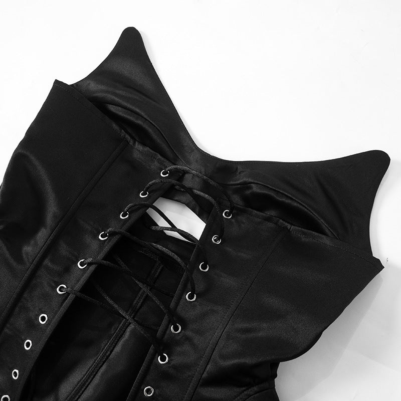 Black satin backless boning corset with lace-up back for a sleek silhouette