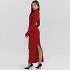 Red long-sleeved maxi dress showcasing stylish back slit perfect for fashion enthusiasts