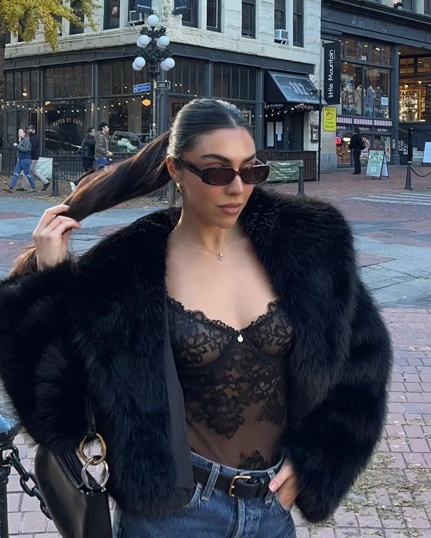 Gorgeous faux fur Langry fox jacket with lace top and jeans